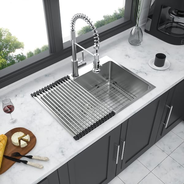 Staykiwi 25 in. Drop-In Single Bowl 16 Gauge Brushed Nickel Stainless Steel Kitchen Sink with Bottom Grids