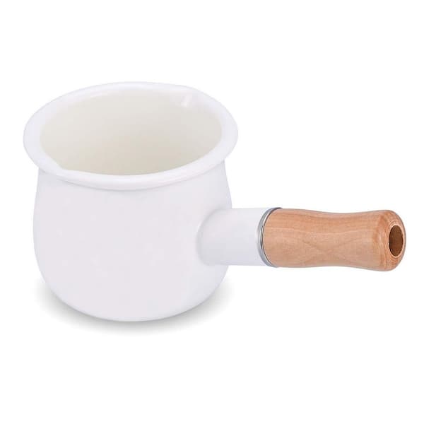 Enamel Stock Pot, Small 4 Inch 17 Qt. White Enamel Saucepan with Wooden Handle, Compatible with Electric Stoves
