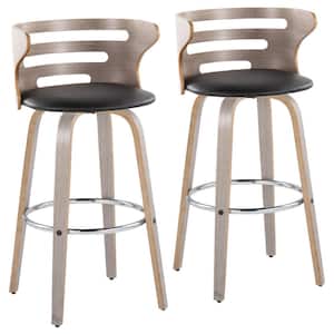 Cosi 28.5 in. Black Faux Leather, Light Grey Wood and Chrome Metal Fixed-Height Bar Stool with Round Footrest (Set of 2)