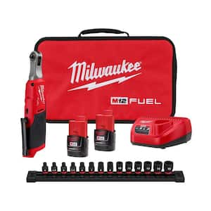 M12 FUEL 12V Li-Ion Brushless High Speed 1/4 in. Cordless Ratchet Kit w/(2) Batteries, Charger, Bag & Metric Socket Set