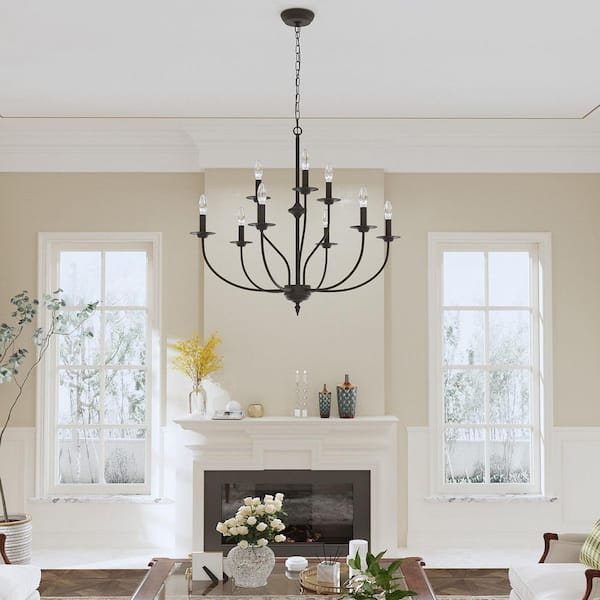 9-Light 43 in. Black Modern Candle Dimmable Chandeliers Dining Room Kitchen Ceiling Lights Foyer Bedroom Lighting