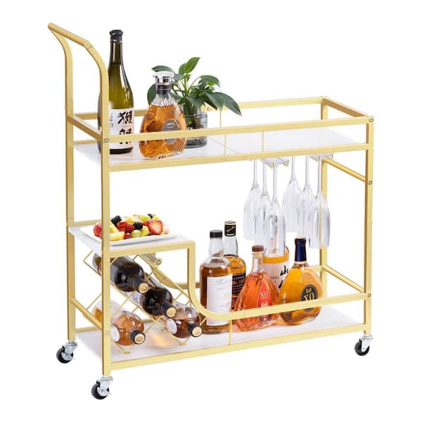 Unbranded Engineered Wood Metal Outdoor Bar Cart with Wine Rack and Glass Holder, 2 Tier Bar Serving Carts with Wheels