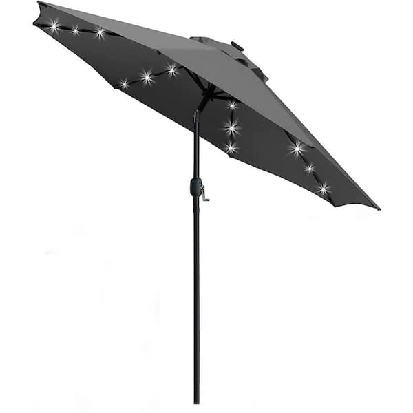 Dyiom 9 ft. Solar LED Lighted Umbrella with 8 Ribs Adjustment and Crank Lift System for Patio in Grey, Beach Word UMbrella