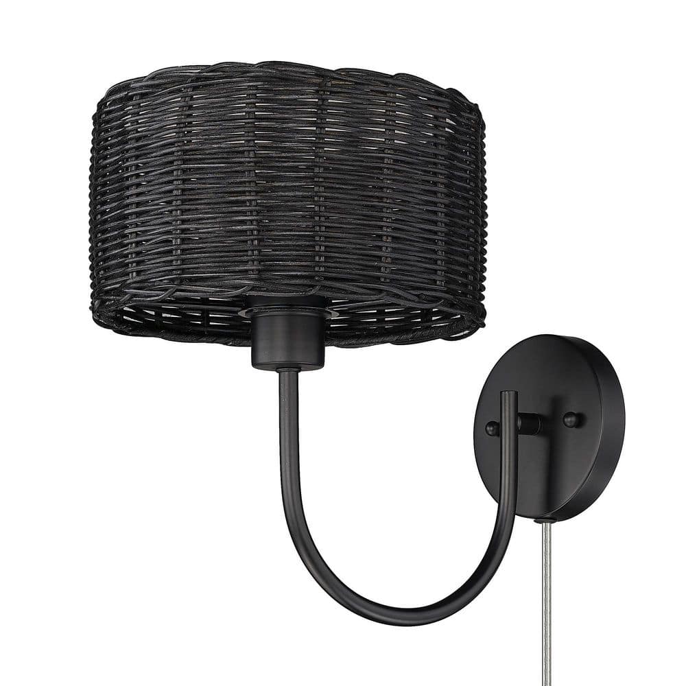 Erma 1-Light Matte Black Wall Sconce with Black Wicker Shade -  Golden Lighting, 1084-1W BLK-BW