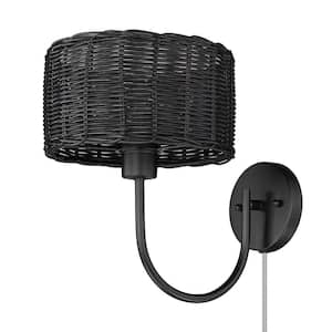 Erma 1-Light Matte Black Wall Sconce with Black Wicker Shade