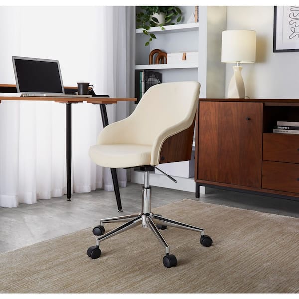 Bacci Faux Leather Adjustable Office Chair in Cream Faux Leather, Walnut Wood and Chrome Metal