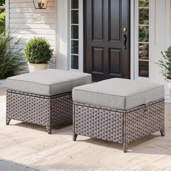 Opohoro Brown Wicker Outdoor Ottoman, All-Weather Rattan Ottoman with Gray Cushions for Patio or Backyard Porch (2-Pack)