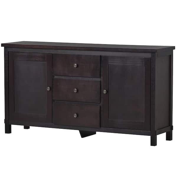 Unbranded Espresso Retro Solid Wood Buffet Cabinet with 2 Storage Cabinets, Adjustable Shelves and 3-Drawers for Living Room