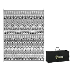 Reversible Outdoor Rug, 8 ft. x 10 ft. Plastic Waterproof Floor Mat Camping Carpet with Carry Bag, Gray White Boho