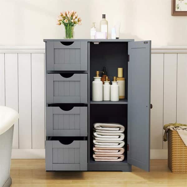Grey Wooden 4-Drawer Bathroom Cabinet Storage Cupboard 2 Shelves Free Standing