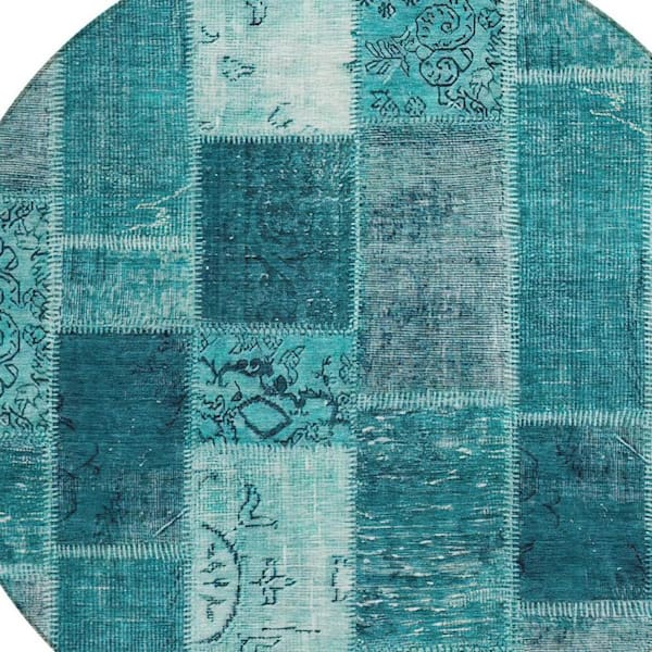 Teal Blue, Aqua, Turquoise 8 ft. Round Woven Plaid Polyester Round Indoor/Outdoor Area Rug