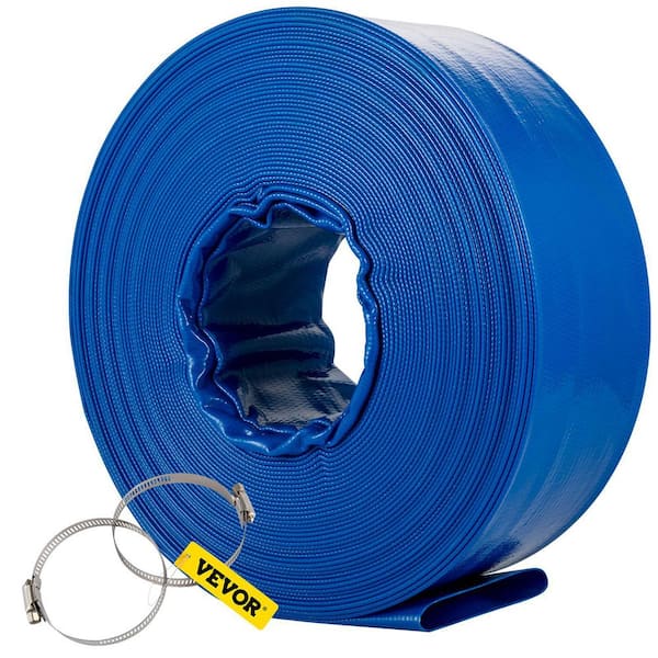 VEVOR Discharge Hose 3 in. Dia x 105 ft. PVC Fabric Lay Flat Hose with Clamps Heavy-Duty Backwash Drain Hose Burst-Proof, Blue
