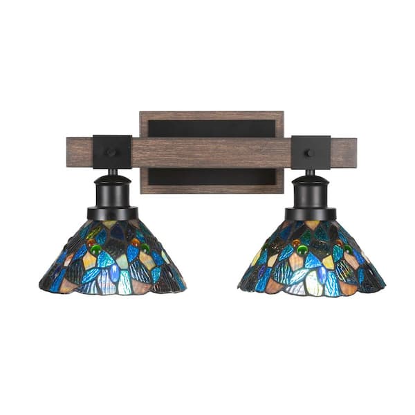 Unbranded Richmond 17.75 in. 2-Light Vanity Light Black/Painted Wood-look Metal with 7 in. Art Glass Shades no bulbs included