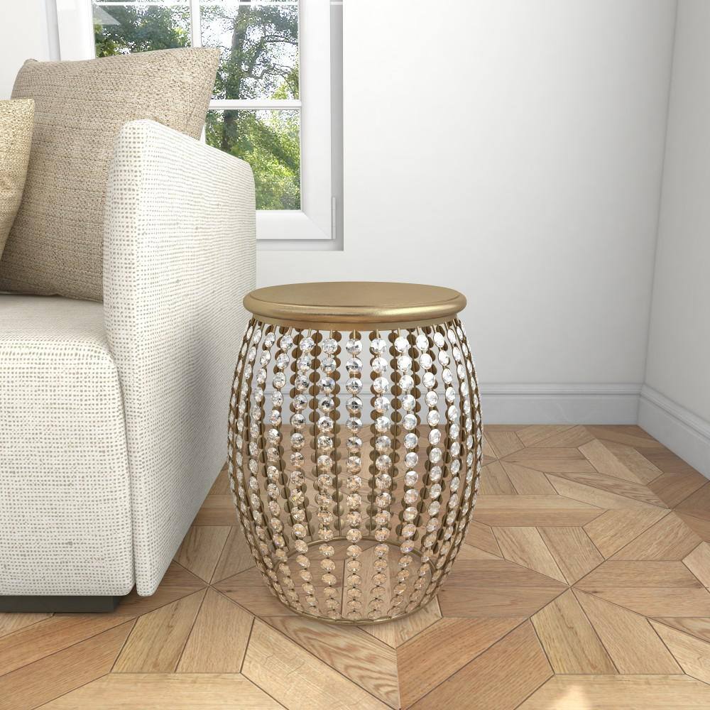 Elegant Gold 20" Round Wood & Metal Accent Table with Crystal Embellishments