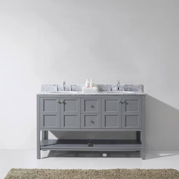 Virtu USA Winterfell 60 in. W Bath Vanity in Gray with Marble Vanity Top in White with Round Basin