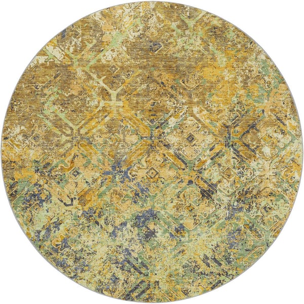 Dream Shag Premium Machine Washable Abstract ADS768 Gold 8 ft. x 8 ft. Round Rug
