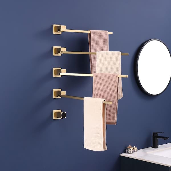 4-Bar Towel Holders Screw-In Electric Plug-In Towel Warmer in Brushed Gold