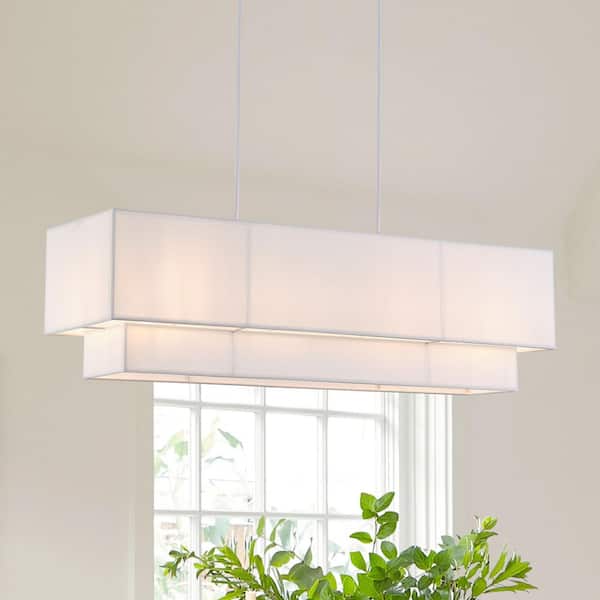 35.43 in. 3-Light Kitchen Island Off White Chandelier Modern Rectangle Pendant Light with Dual-layer White Fabric Shade