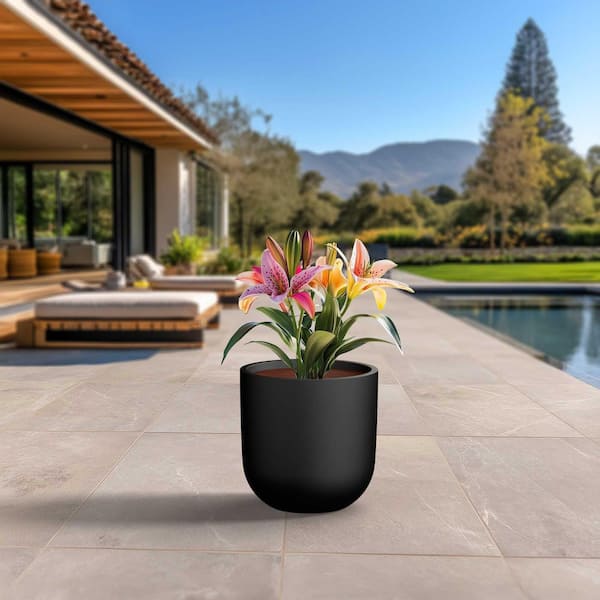 17 in. Large Charcoal Black (Enhanced Interior) Concrete Round Planter / Pot with Drainage Holes