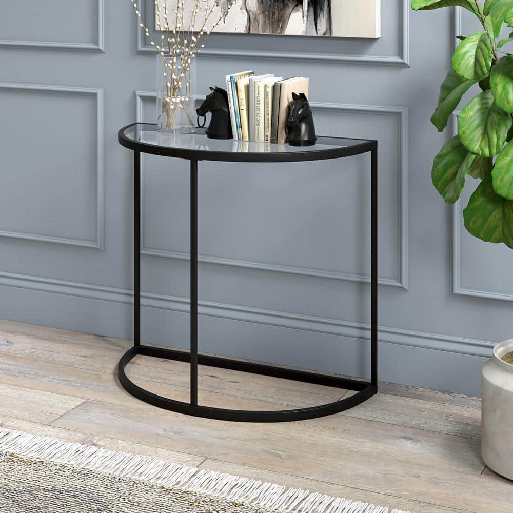 Mid-Century Modern Demilune Console Table in Blackened Bronze with Glass Top