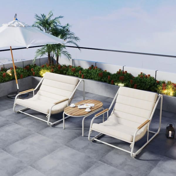Harper & Bright Designs White Iron Outdoor Lounge Chairs with Beige Cushion and Acacia Side Table (2-Pack)