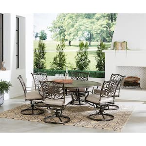 Renditions 7-Piece Aluminum Outdoor Dining Set with Sunbrella Silver Cushions, 6 Swivel Rockers and 40 in. Table