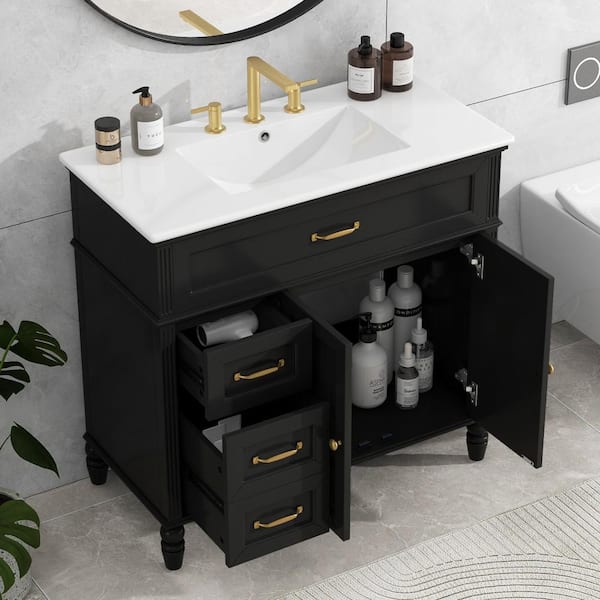 36 in. Single Sink Freestanding Black Bath Vanity with White Ceramic Top Unassembled with Drawers
