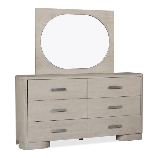 Susan White Oak 6-Drawer 70 in. Dresser with Mirror and Oval Nickel Handles