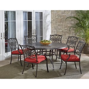 Traditions 7-Piece Aluminum Outdoor Dining Set with Red Cushions and Cast-Top Table