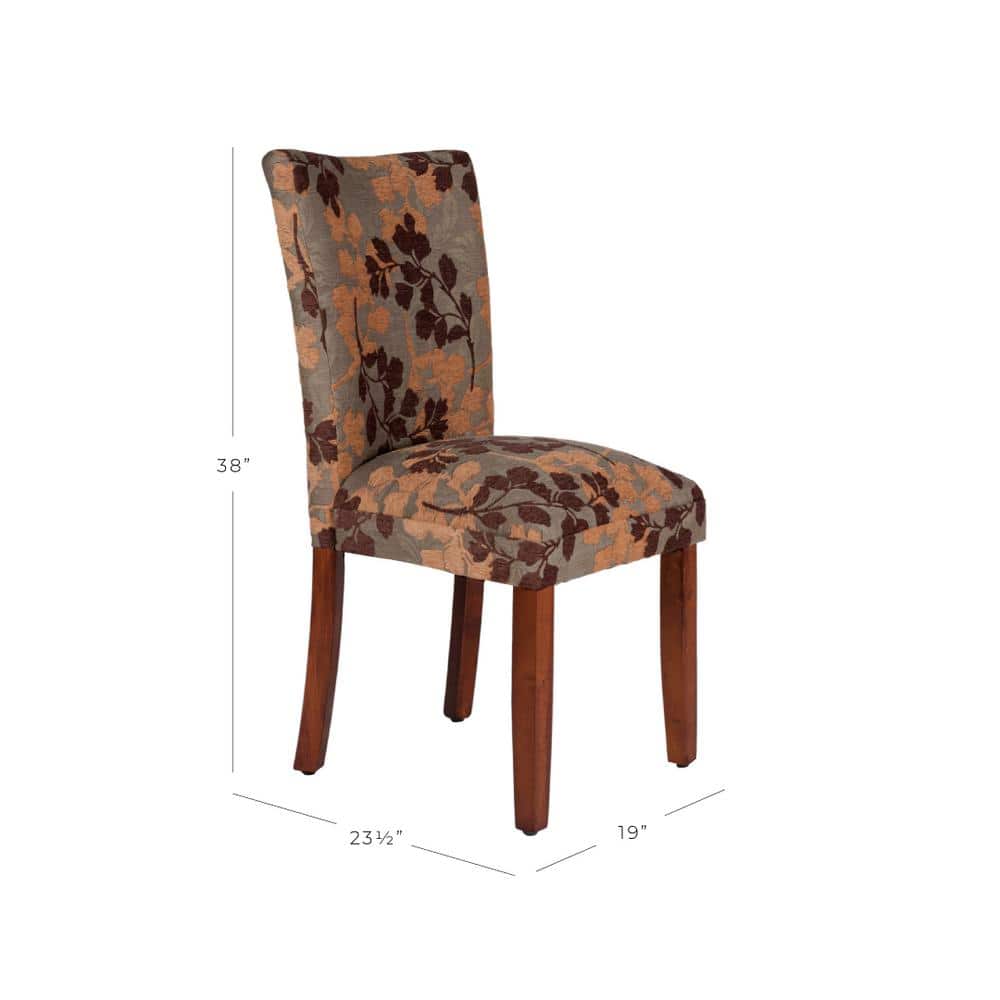 Brown Floral Upholstered Parsons Side Chair with Wood Legs