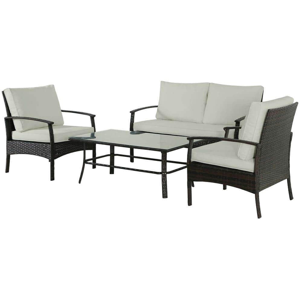 Brown 4-Piece Patio Rattan Outdoor Chair with Coffee Table and White Cushio