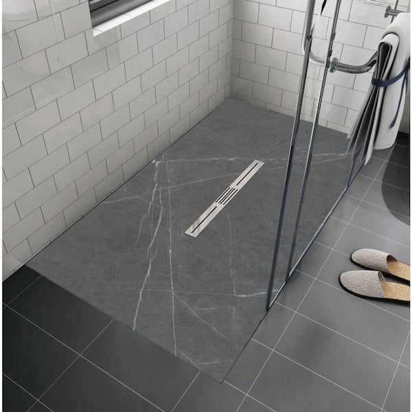 Trimslate Plus 70.9 in. L x 47.5 in. W Alcove Shower Pan Base with Center Drain in Ashy Grey