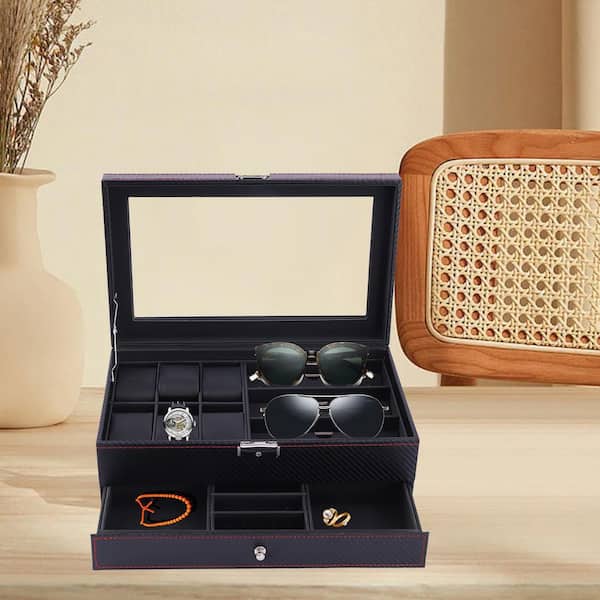 YIYIBYUS Black Carbon Fiber Leather 6 Watch and 3 Eyeglasses