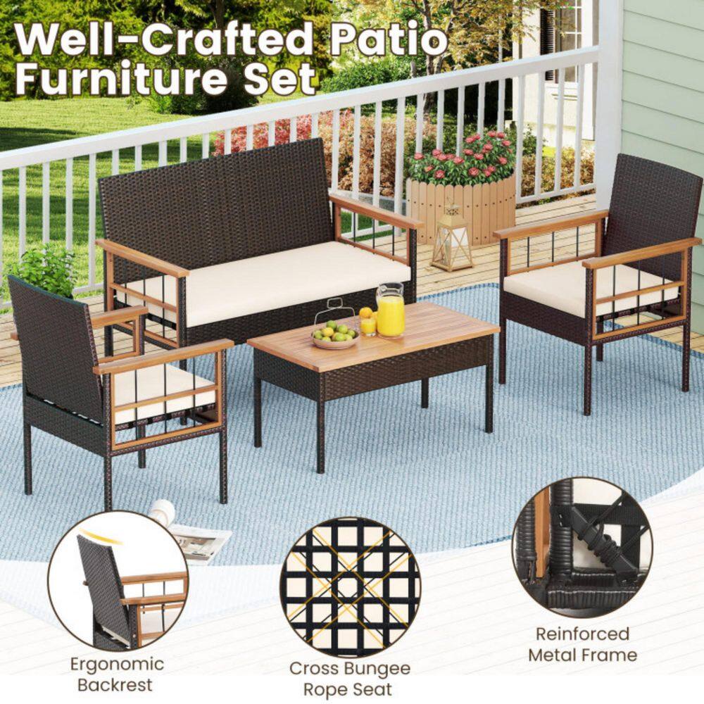 4-piece wicker patio conversation set with callouts for ergonomic backrest, rope seat, and metal frame.