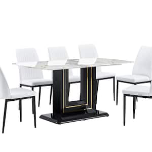 7-Piece Faux Marble Top Dining Table Set for 6 with MDF Base, Dining Table and 6 Chairs White
