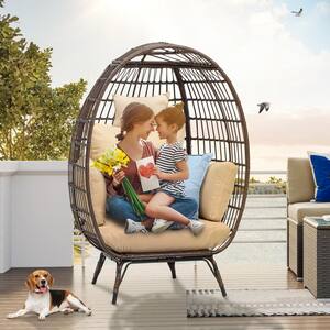 Wicker Chair Outdoor Egg Lounge Chair Beige Egg Chair with Cushion PE Rattan Chair for Patio, Garden, Backyard, Porch