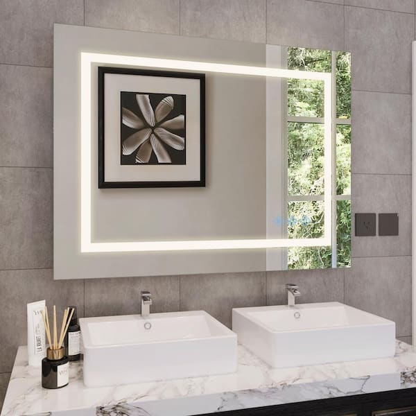 FAMYYT 48 in. W x 36 in. H Rectangular Frameless 3 Colors Dimmable LED Anti-Fog Memory Wall Mount Bathroom Vanity Mirror