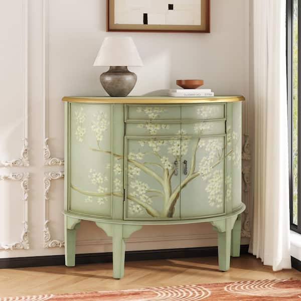 Belle Vintage Soft Green 32.25 in. Half Moon Accent Storage Cabinet Sideboard with Floral Design Adjustable Shelves