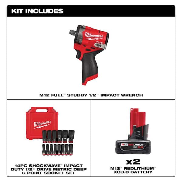M12 FUEL 12V Lithium-Ion Brushless Cordless Stubby 1/2 in. Impact Wrench w (2) 3.0 Ah Batteries&Metric Deep Socket Set