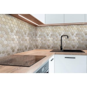 Beige 11.8 in. x 12 in. Hexagon Marble Polished and Etched Mosaic Floor and Wall Tile (5-Pack) (4.92 sq. ft./Case)
