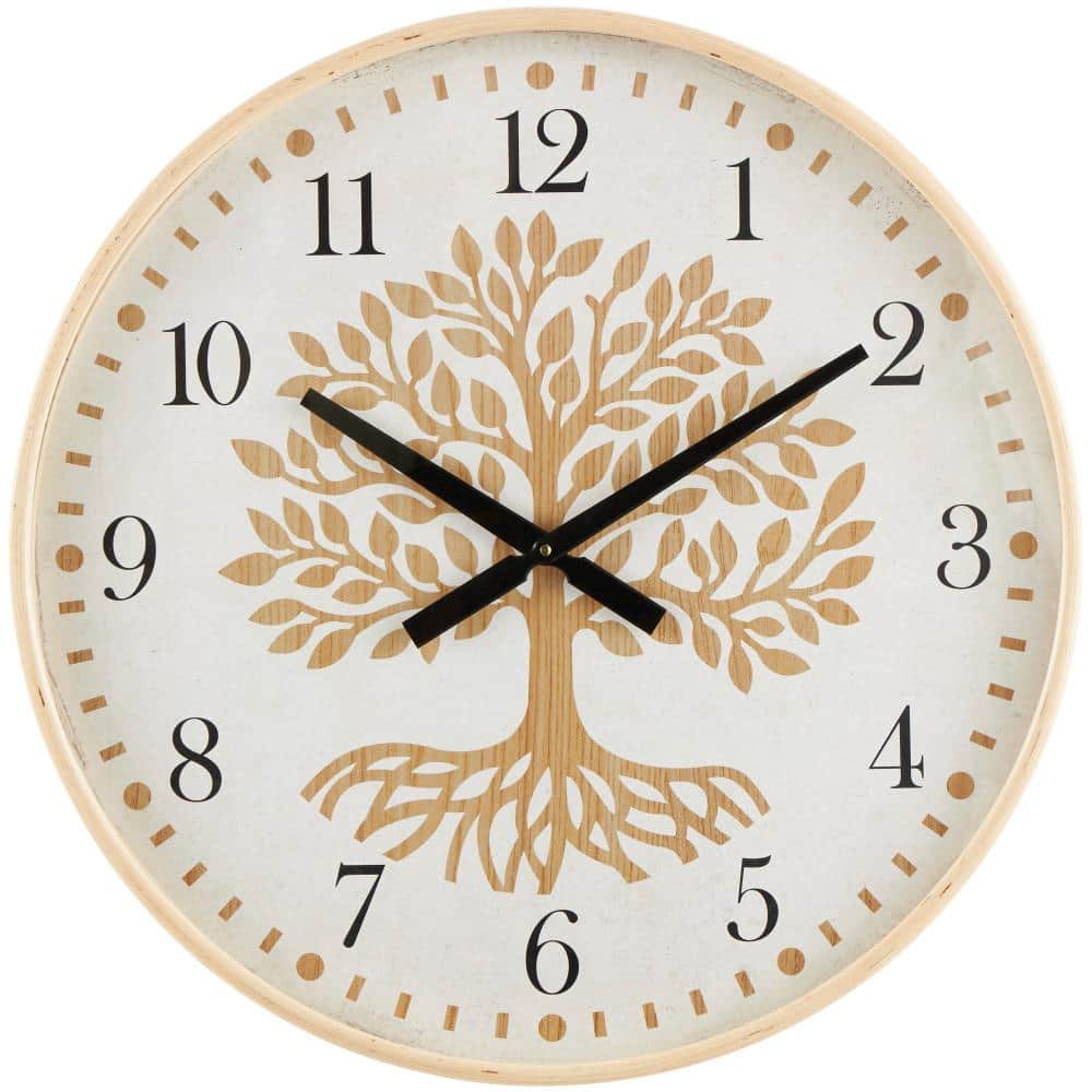 Litton Lane 24 in. x 24 in. Brown Wooden Tree Wall Clock with Cream ...