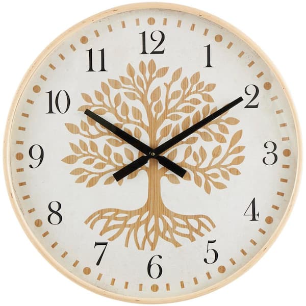 Litton Lane 24 in. x 24 in. Brown Wooden Tree Wall Clock with Cream Backing