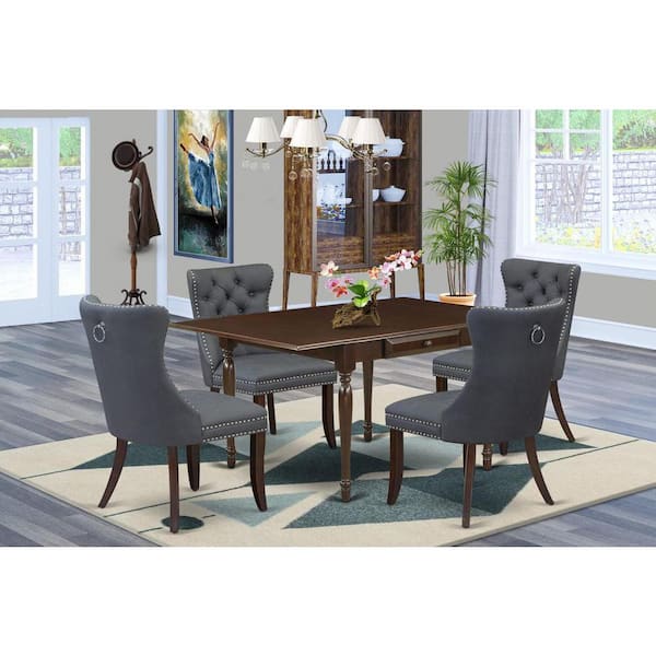 East West Furniture 5-Piece Mahogany Finish Solid Wood Top - Rectangular Upholstered Dining Room Set with Dropleaf - Seats 4
