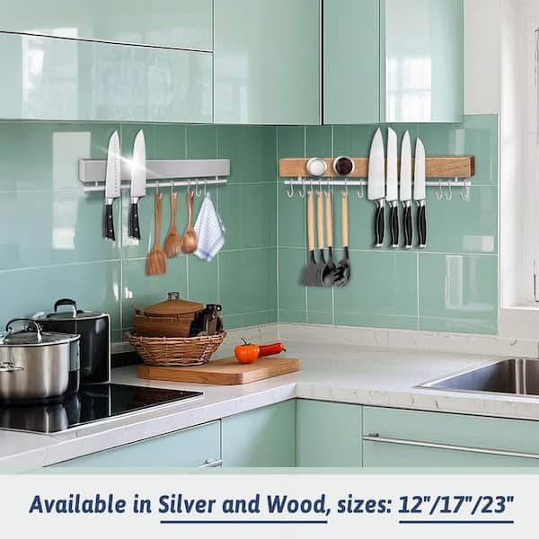 5-8 Knife 17 in. Stainless Steel Magnetic Knife Holder Wall Mount Knife Storage with Hooks No Drill Adhesive Tape