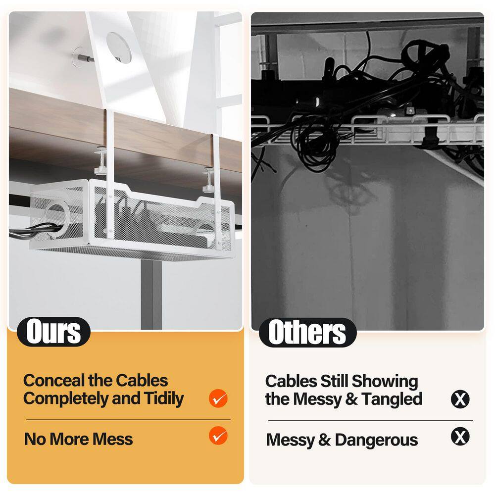 Under Desk Cable Management Tray Wire Organizer White No Drill Clamp Cord Organization for Office Home - Thumbnail 4
