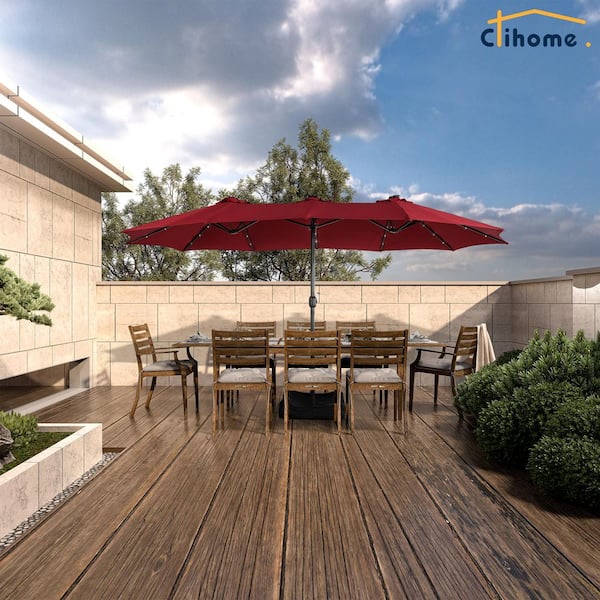 15 ft. Steel Patio Umbrella in Red, with Base and Solar Lights, Weather-Resistant