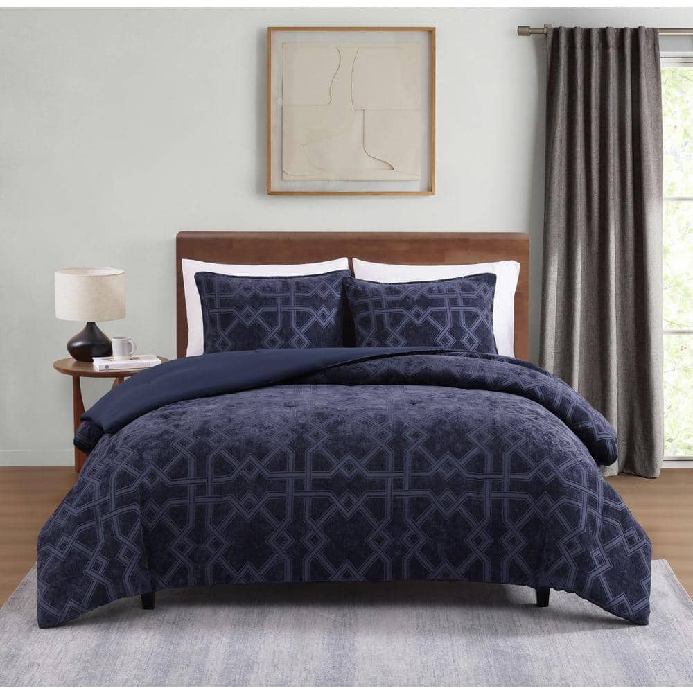 Blair Geo Navy Blue 3-Piece Soft Chenille Jacquard Comforter Set - Full/Que