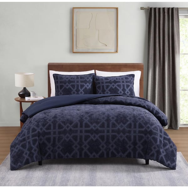 DESIGN STUDIO Blair Geo Navy Blue 3-Piece Soft Chenille Jacquard Comforter Set - King