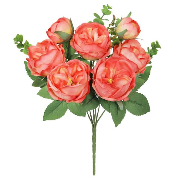 LIVING LUXURY 13 in. Coral Artificial Cabbage Rose Flower Stem Bush Bouquet (Set of 4)