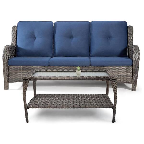 Tenleaf 2-Piece Wicker Outdoor Couch with Blue Cushions Patio Conversation Set (Couch plus Coffee Table)